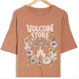 Volcom Stone Brown Graphic T-Shirt XS Women's Boho Floral Skeletons 100% Cotton